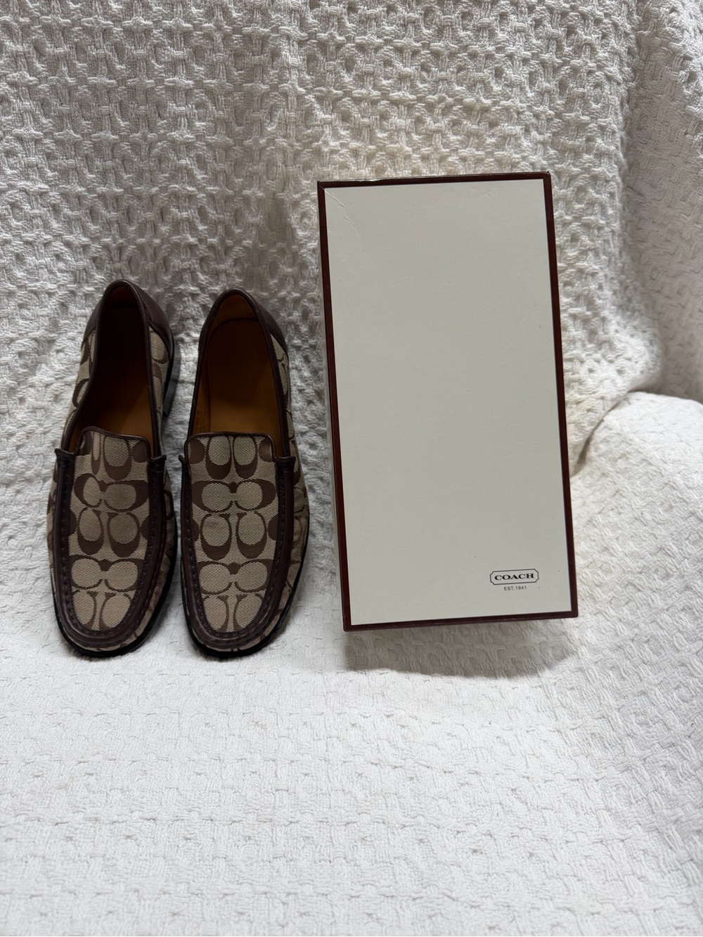 Coach Y2K Italian Loafers Leather Bottoms Signature Pattern Canvas Fabric 9 1/2